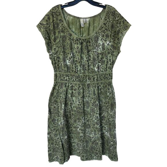 sahalie Dresses & Skirts - Sahalie Olive Cotton Jersey Pullover Dress w Block Print Pattern, Tie Dye size L